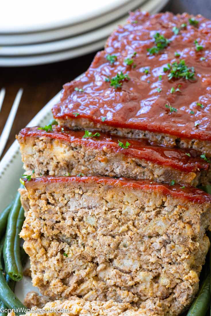 stove top stuffing meatloaf with ketchup on a serving plate 