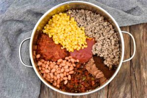 how to make easy turkey chili , add seasonings, beans and corn