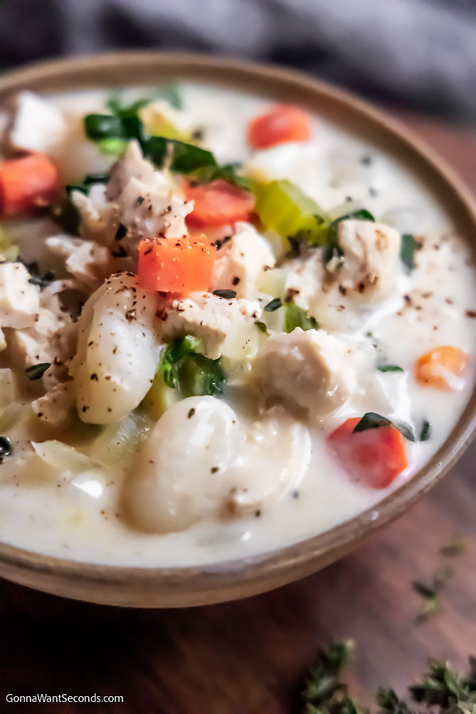 easy chicken gnocchi soup in a bowl