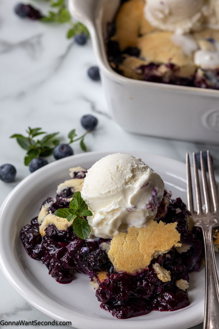 blueberry cobbler easy topped with vanilla ice cream