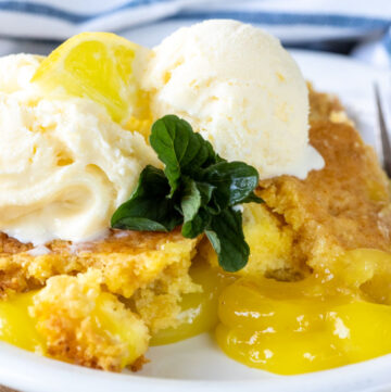 lemon dump cake topped with vanilla ice cream