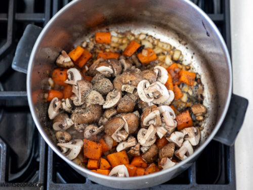 How to make meatball stew, Add the mushrooms, salt and pepper. Cook.
