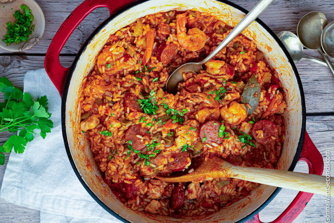 Jambalaya with sausage, chicken, shrimp, and rice in a pot