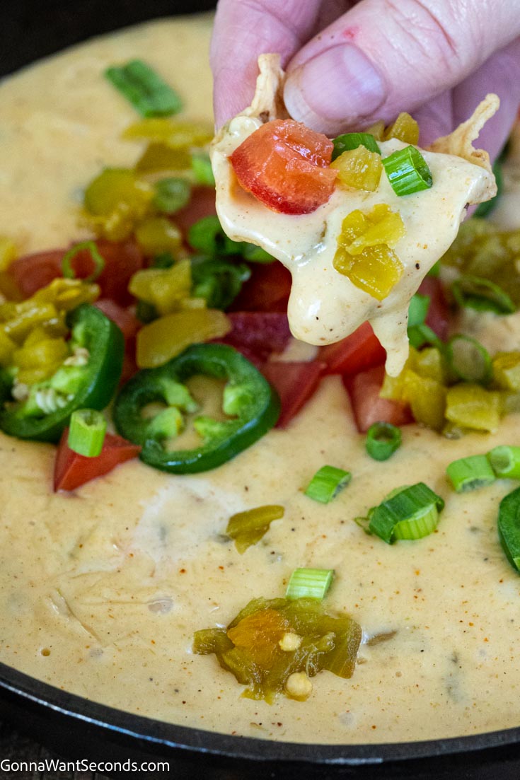 homemade queso dip scooped with tortilla chip close up