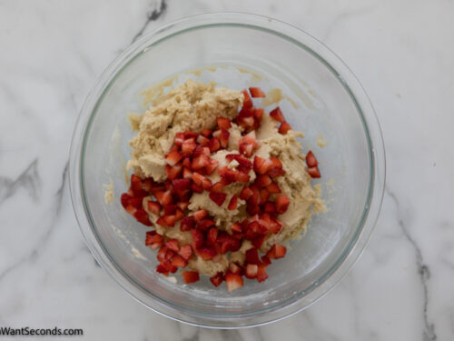 Step 6 how to make strawberry cheesecake cookies, Add dry ingredients just until combined. Fold in diced strawberries.