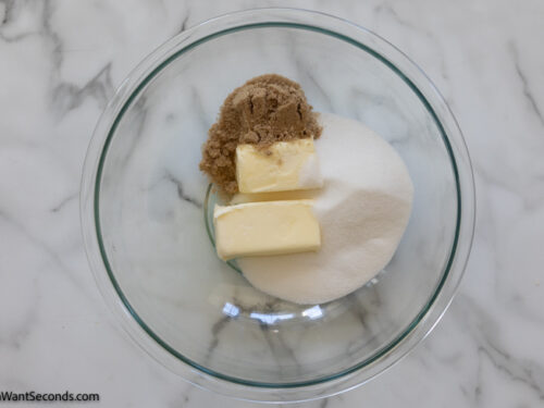 Step 4 how to make strawberry cheesecake cookies, In a large mixing bowl, cream together the butter and the sugars.