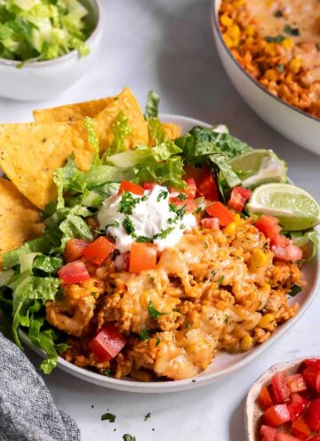 taco rice with toppings on a shallow bowl