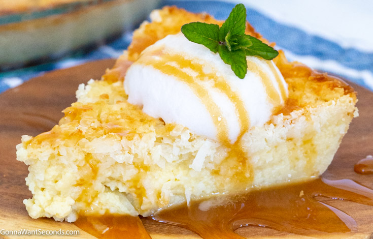 a slice of impossible coconut pie topped with vanilla ice cream