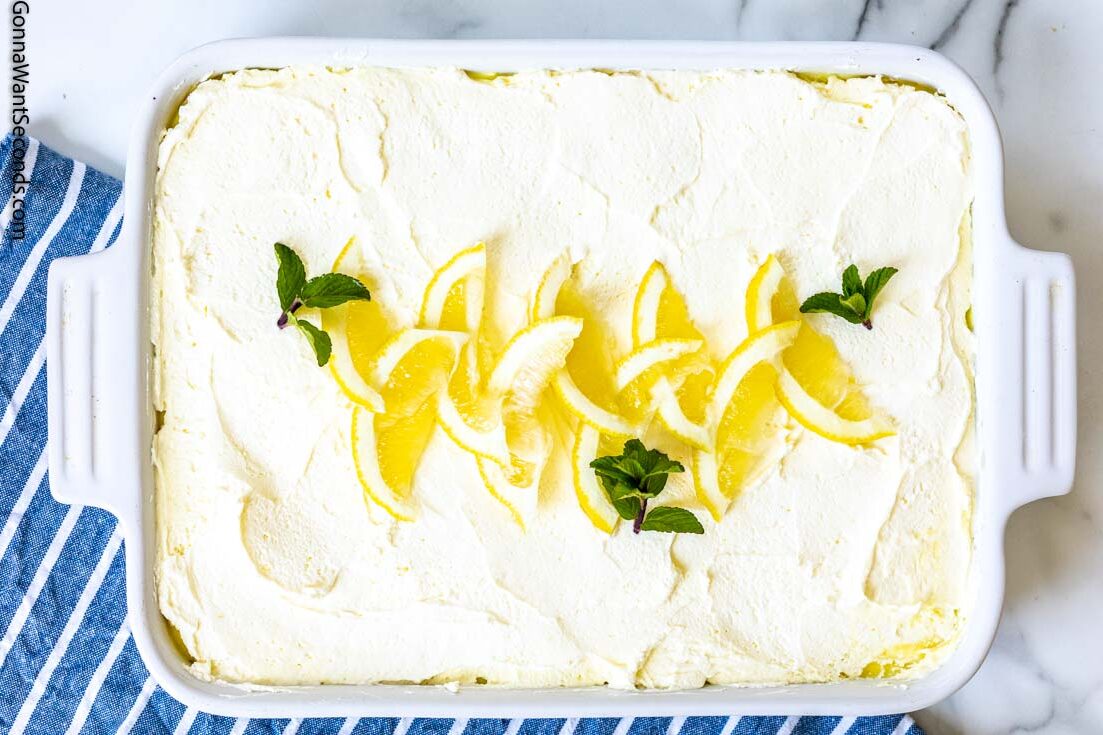 lemon lush delight in a casserole dish