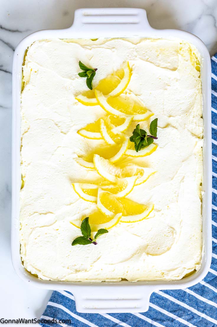 lemon lush delight in a casserole dish