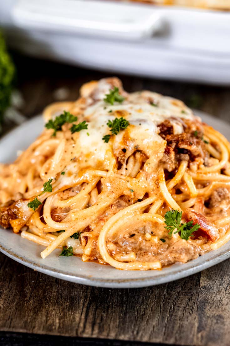 tiktok spaghetti casserole on a plate
