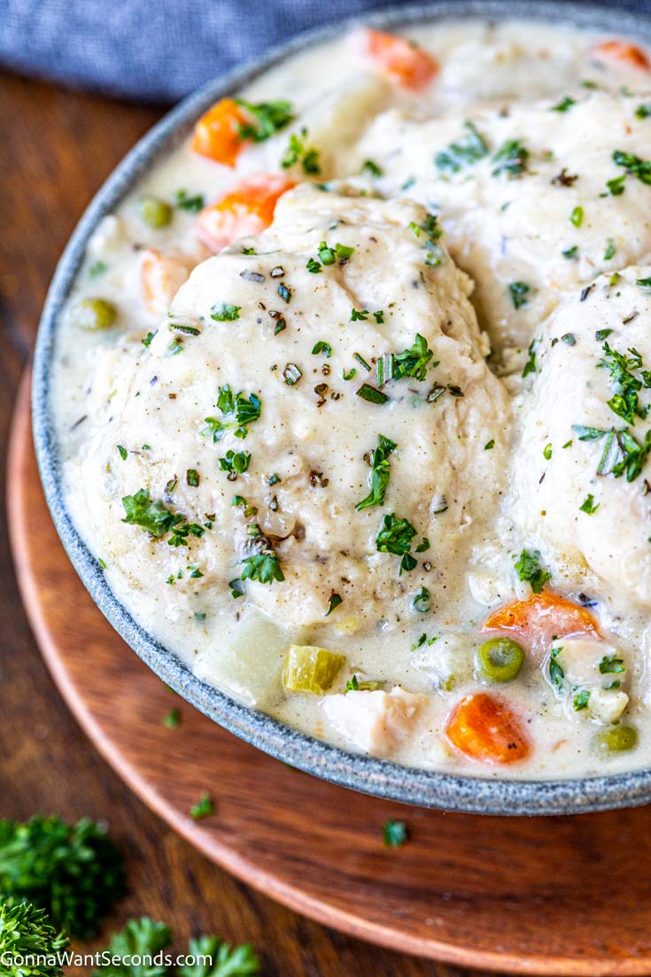 Bisquick chicken and dumplings with rotisserie chicken in a bowl