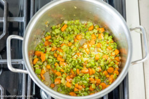 how to make Bisquick chicken and dumplings with rotisserie chicken step 2, sauteing veggies