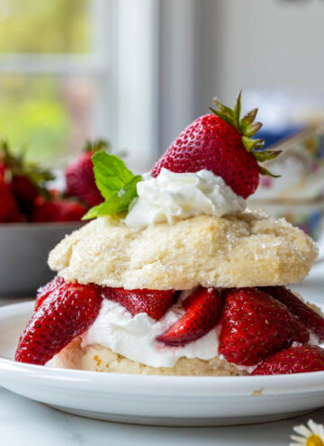 Bisquick strawberry shortcake topped with whipped cream and fresh strawberries