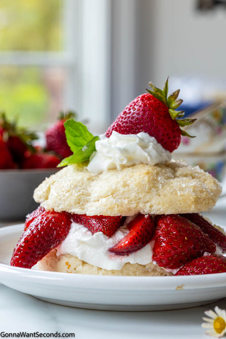 Bisquick strawberry shortcake topped with whipped cream and fresh strawberries