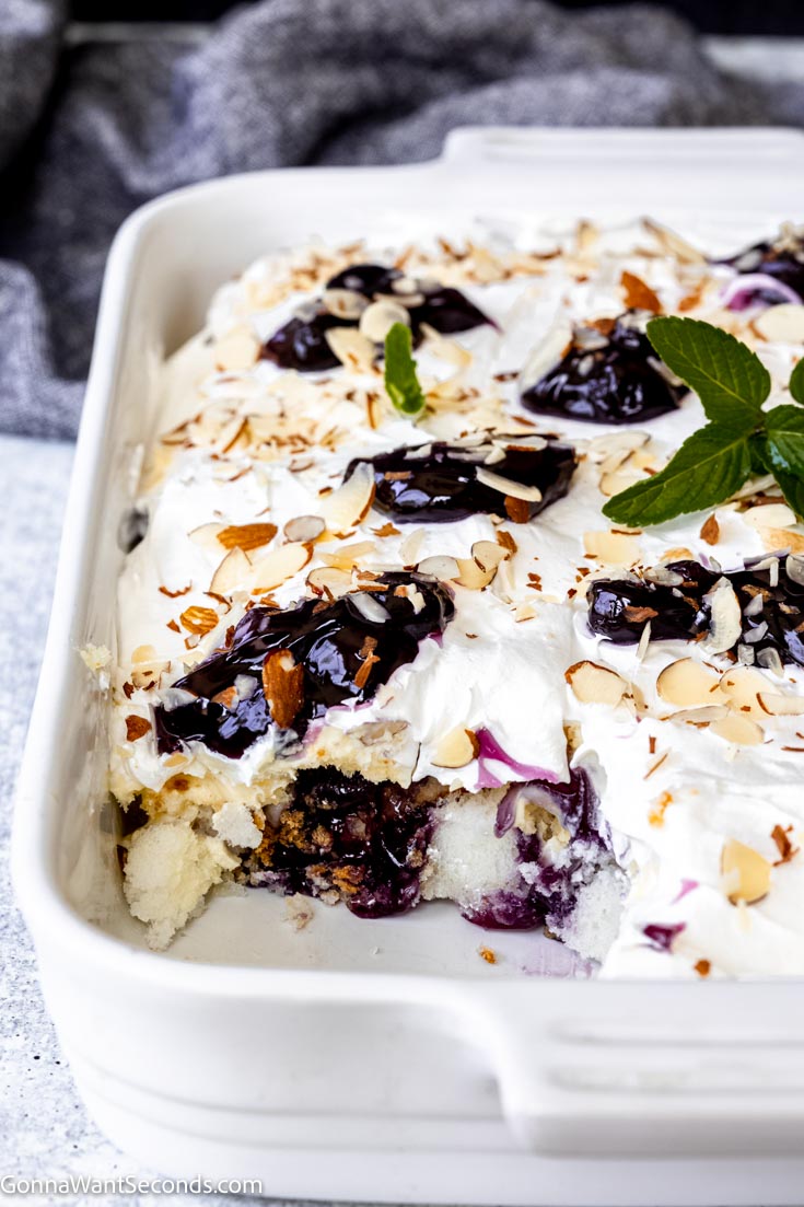 easy blueberry angel food cake in a baking dish