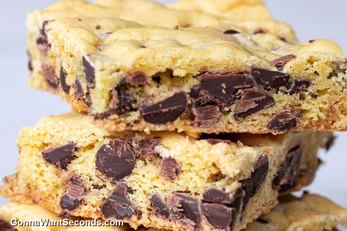 chocolate chip cake mix cookie bars stack on top of each other