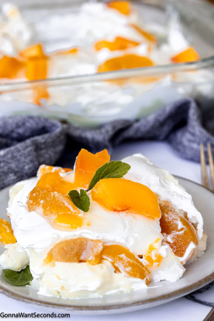 a slice of peach heaven on earth cake topped with fresh peaches