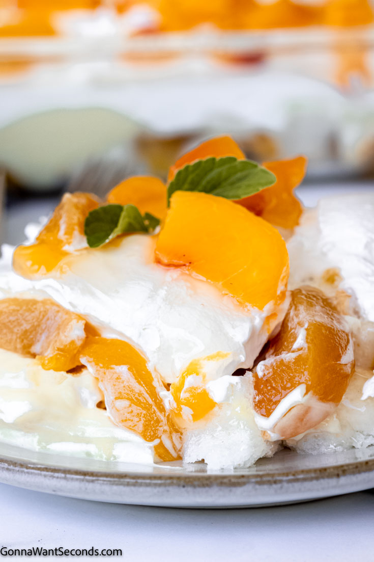 a slice of peach heaven on earth cake topped with fresh peaches