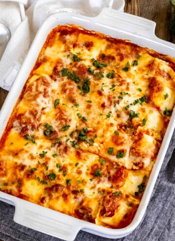 ravioli lasagna in a casserole dish