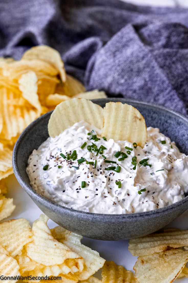 a bowl of sour cream onion dip with chips around