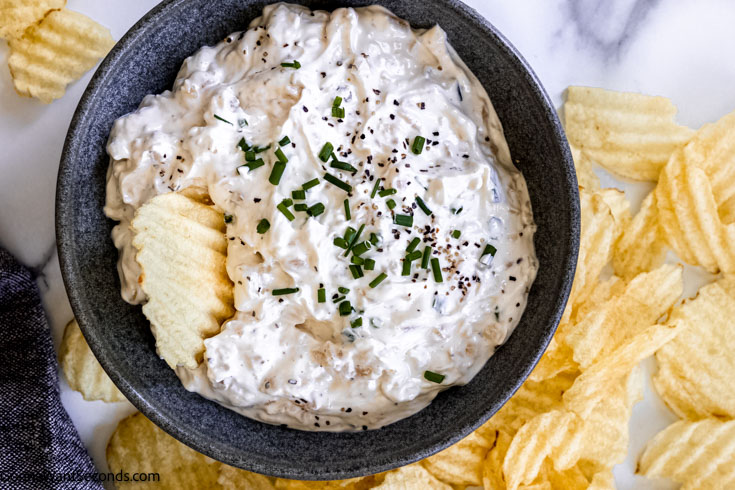 a bowl of sour cream onion dip for chips with chips around