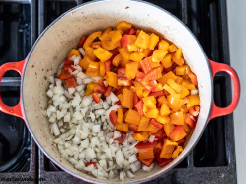 Step 3 how to make stuffed bell pepper casserole with rice, Saute onion and bell peppers.
