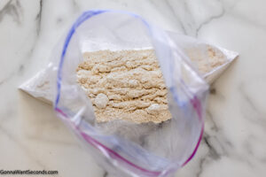 Step 1 how to make Bisquick chicken fingers, combine the Bisquick mixture in a Ziploc bag