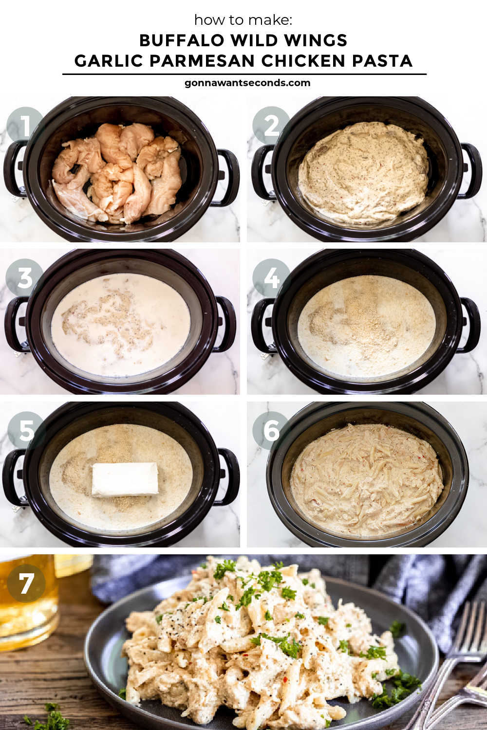 Buffalo Wild Wings Garlic Parmesan Chicken Pasta is an easy crockpot dinner with tender chicken, BWW Parmesan Garlic Sauce, and creamy pasta. #buffalowildwings #chickenpasta step by step how to make Buffalo Wild Wings Garlic Parmesan Chicken Pasta