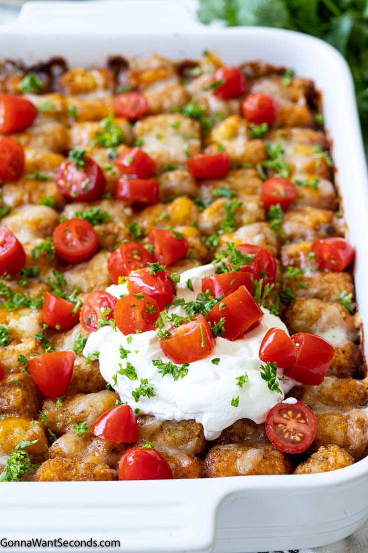 loaded tater tot casserole with ground beef and toppings
