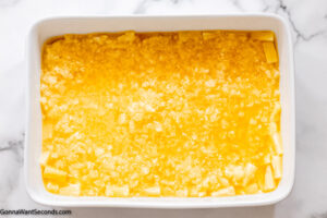 Step 1 how to make pineapple dump cake, Spread both cans of pineapple at the bottom of the baking dish.