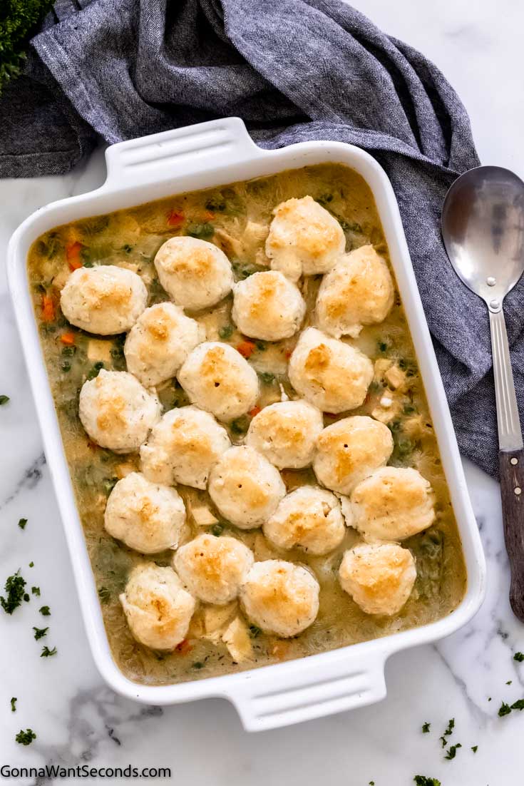 oven baked chicken and dumplings in a casserole, top shot
