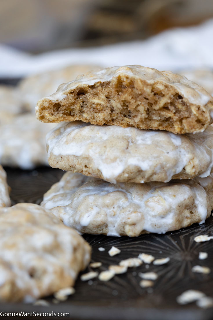 old-fashioned iced oatmeal cookies stack on top of each other