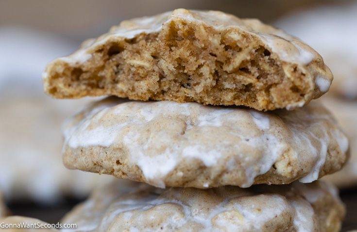 iced oatmeal cookies with old fashioned oats close up