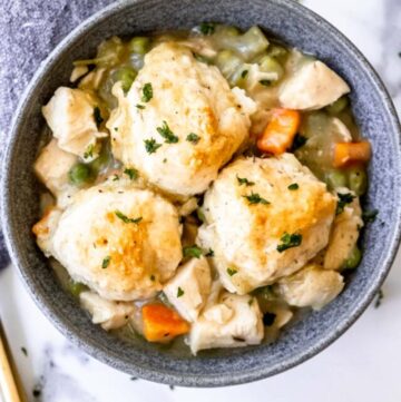 chicken and dumpling casserole in a bowl
