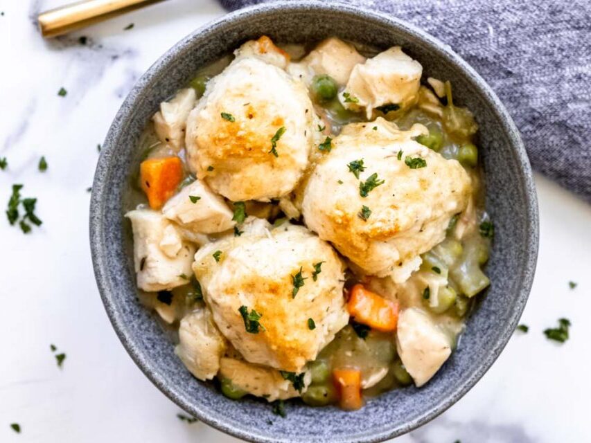 chicken and dumpling casserole in a bowl
