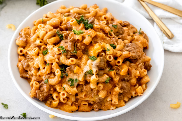 ground beef taco mac and cheese on a plate