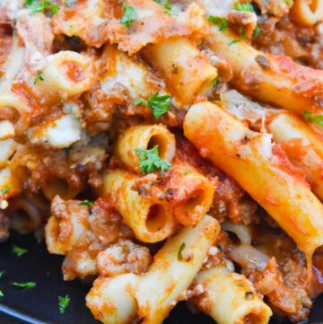 baked ziti with ground beef on a plate