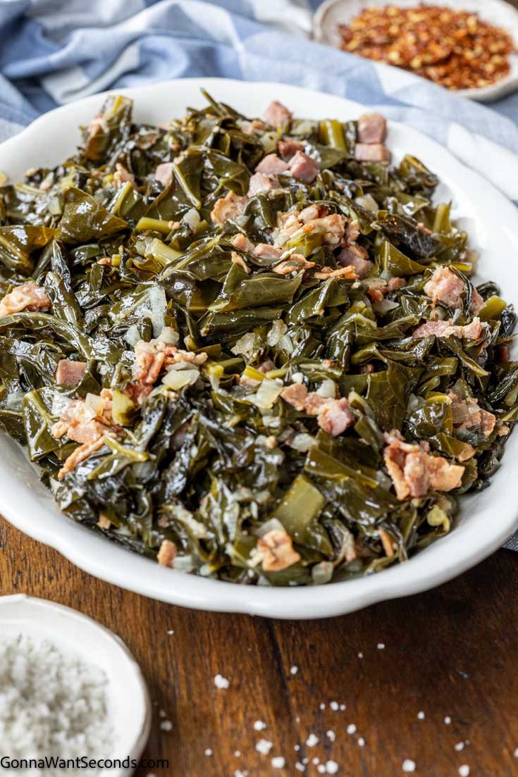 Southern collard greens with bacon on a serving plate