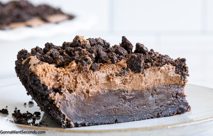 Side view of a slice of Mississippi mud pie on a plate showing the layers inside