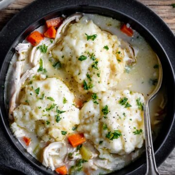 easy chicken and dumplings in a bowl, top shot