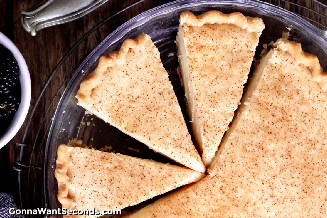 whole Sugar cream pie recipe with cut out slices