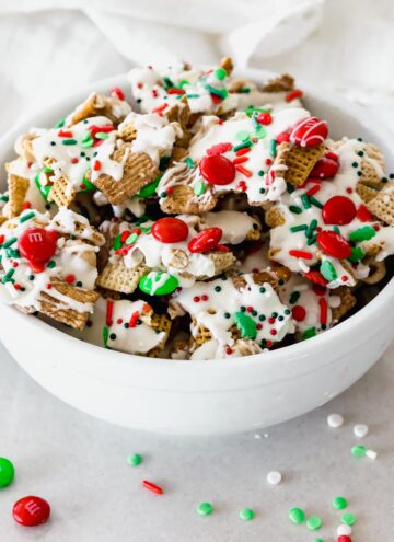 Christmas Chex Mix in a bowl
