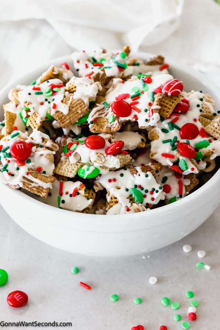 Christmas Chex Mix in a bowl