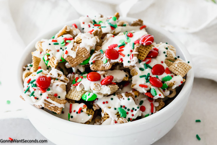 Christmas Chex Mix with white chocolate in a bowl