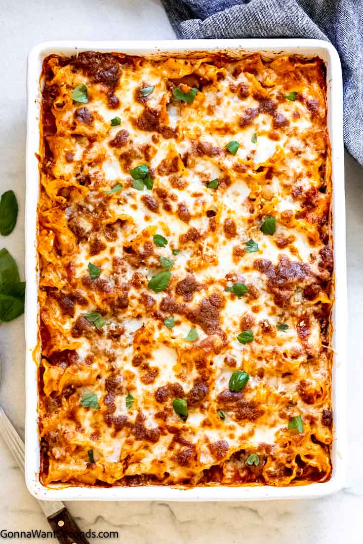 lazy lasagna casserole topped with melted cheese, top shot