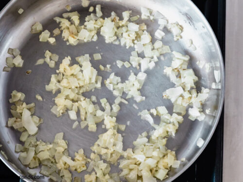 Step 1 how to make lasagna casserole, saute the onion and garlic
