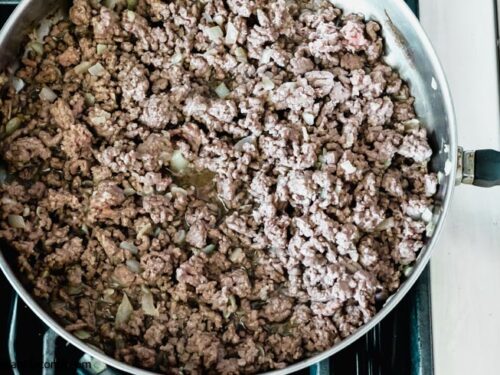 Step 2 how to make lazy lasagna casserole, add the ground beef and cook until browned