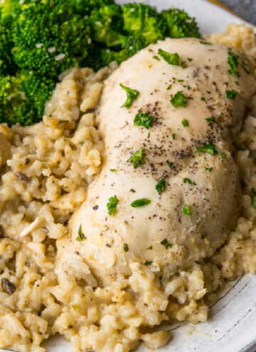 No Peek Chicken on top of rice, with broccoli on the side