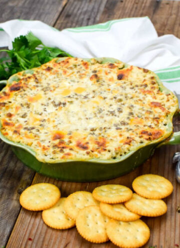 Hissy fit dip in a shallow baking dish with crackers on the side